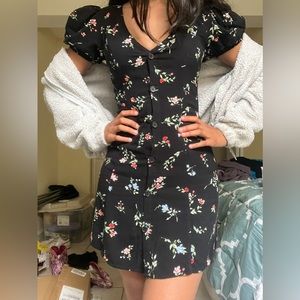 XXS black dress with flowers, buttons down middle